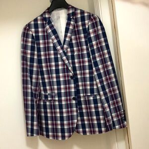 Red, White, and Blue Plaid Sport Coat. Slim Fit.